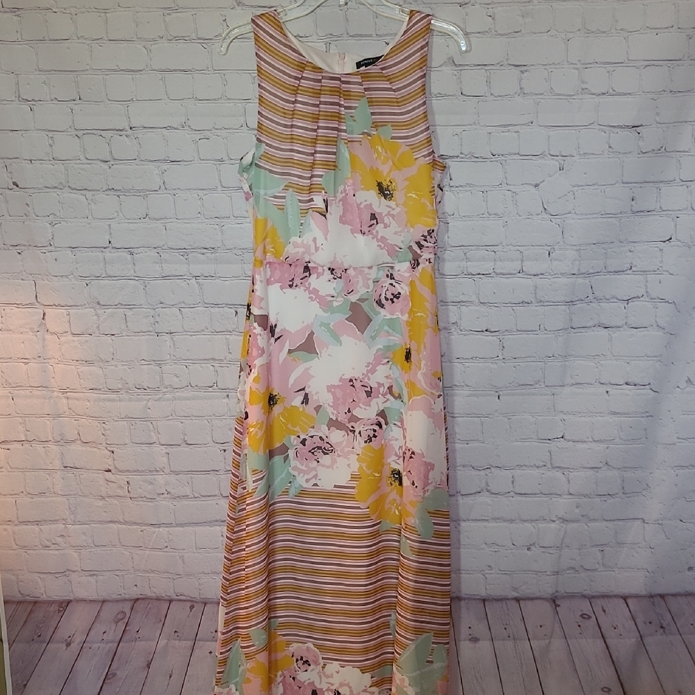 Floral Striped Medium Maxi Dress Colorful Sleeveless Summer Spring Event